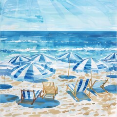 Wall Mural - A painting depicting colorful beach chairs and umbrellas set up on a sandy beach by the ocean