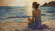 Akwarela kobiety siedzącej na plaży i wpatrującej się w morze