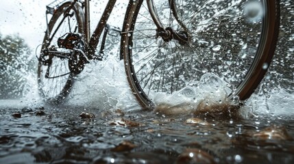 Close-up of a bicycle immersed in water, showcasing the contrast between the metal frame and the surrounding liquid