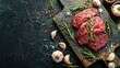 Top view fresh red raw beef for steak with rosemary and garlic on wooden cutting board. AI generated