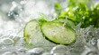 A cucumber slice is being splashed with water, surrounded by dill sprigs to enhance its freshness and coolness