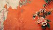 Zbliżenie łuszczącej się ściany w kolorze mandarynki z przepięknym motywem roślinnym