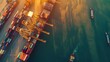 Aerial view of container ship unloading cargo at busy port with cranes, global freight shipping concept