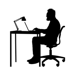 silhouette of man working on laptop at desk - vector illustration