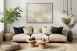 Interior design of modern apartment with bright sofa, table, frames on a wall, home plants and decoration. Interior mockup. Scandinavian interior design. Generative AI