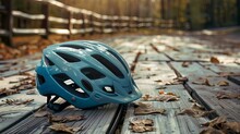 Bicycle Helmet On A Wooden Background, Symbolizing Safety, Adventure, And Outdoor Activities In A Natural Setting, Digital Illustration