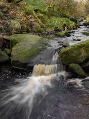 Wall Mural - Mountain river in England, dreamy scenery, moss-covered stones and beautiful waterfall in the forest. Sunny creek in spring cloudy Yorkshire evening. small cascade surrounded by moss and autumn leaves