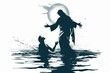 Silhouette of Jesus Christ walking on water, rescuing a drowning man, spiritual concept illustration