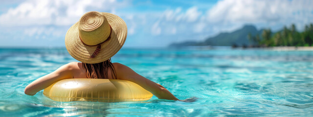 Wall Mural - woman relaxing in the sea with copy space