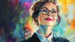Confident businesswoman in glasses smiling, looking towards bright future opportunities, digital painting