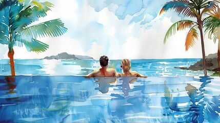 Wall Mural - Couple relaxing in infinity pool at tropical beach resort, romantic vacation getaway, watercolor illustration
