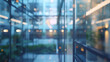 Glass wall of office building, blurred background, bokeh effect
