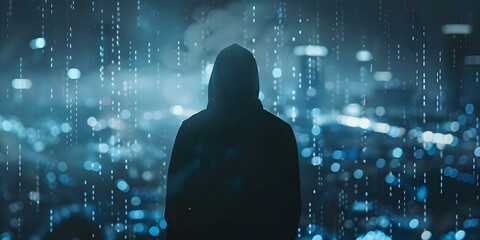 Wall Mural - The Enigmatic Hacker: Silhouetted Figure in Hoodie Against Digital Interface in a Futuristic Cyber Security Setting. Concept Technology, Cybersecurity, Digital Interface, Futuristic, Hacker