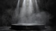 Dark black podium display with smoky fog and dramatic spotlights, abstract product showcase background, digital stage rendering