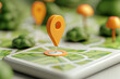 A large, orange map pin towers over a grid of streets on a digital map, symbolizing the pinpointing of a specific location. Navigation and location