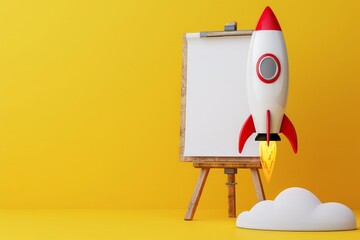 Wall Mural - Rocket coming out of the blank board on a tripod on a yellow background, startup concept