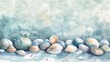 Delicate watercolor illustration of smooth sea pebbles and shells on a soft blue background, serene marine art