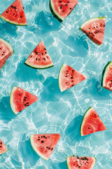 Wall Mural - overhead view of watermelons floating in a summer swimming pool