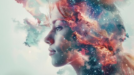 Wall Mural - Ethereal female portrait with colorful paint splashes and cosmic nebula, capturing the beauty and mystery of the universe, double exposure illustration