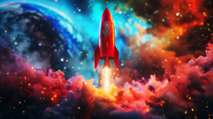 launch of a red toy rocket on colorful space background,