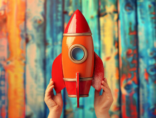 Wall Mural - Launch of a red rocket on colorful wooden background, 