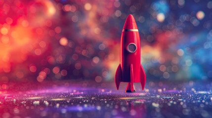Wall Mural - Launch of a red toy rocket on colorful space background, 