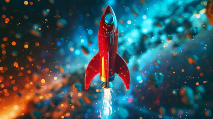 Wall Mural - Launch of a red toy rocket on colorful space background, 
