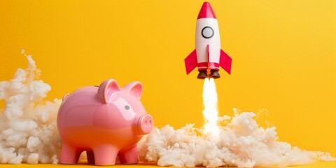 Wall Mural - Rocket taking off and piggy bank on yellow background with copy space, startup investment concept