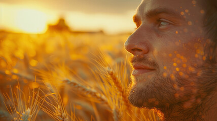 Wall Mural - Man in a wheat field at sunset.