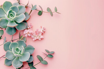 Wall Mural - Succulents and pink blossoms on blush background, serene, botanical elegance with copy space