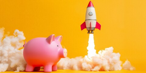 Wall Mural - Rocket taking off and piggy bank on yellow background, startup investment concept