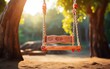 A wooden swing hangs from a tree in a serene park setting, inviting visitors to relax and enjoy natures beauty