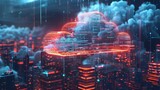 Fototapeta  - Futuristic cloud computing concept with big data transfer and digital storage, transforming the internet landscape, 3D illustration