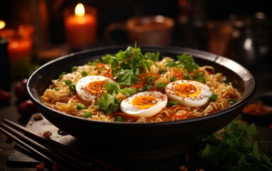 Wall Mural - A bowl of noodles filled with hard boiled eggs on top, offering a savory and satisfying meal