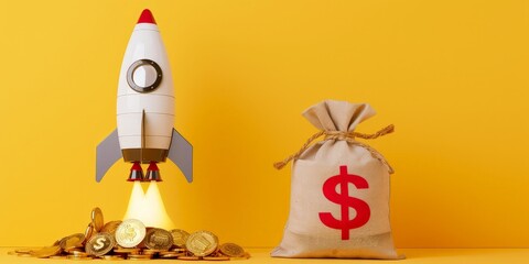 Wall Mural - Rocket and bag of money on yellow background, startup concept