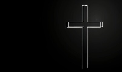 Wall Mural - Minimalist white line art Christian cross on a black background, with a simple design and large space for text Generative AI