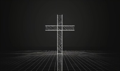 Wall Mural - Minimalist white line art christian cross on black background Generative AI