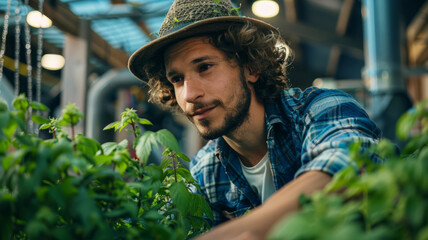 Young man tending to plants in a greenhouse.