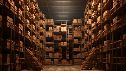 Poster - 3D rendering of a warehouse with rows of wooden boxes in a warehouse, Warehouse or warehouse with rows of shelves and rows of wooden boxes, AI Generated