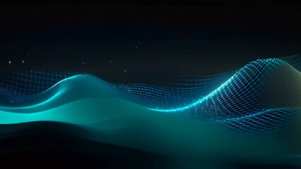 Poster - 3d illustration of abstract digital wave with glowing particles on dark background, Abstract digital background featuring flowing waves and data points, AI Generated