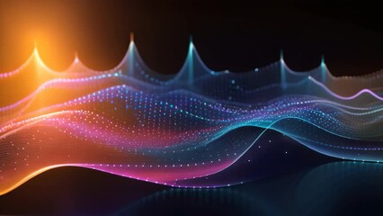 Poster - 3d illustration of abstract blue background with glowing particles and bokeh, Abstract digital technology wallpaper with flowing binary waves and data points, AI Generated