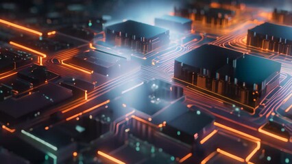 Poster - Circuit board with microchips and connections. 3d rendering, Abstract technology and circuit board wallpaper with digital glowing waves and patterns, AI Generated