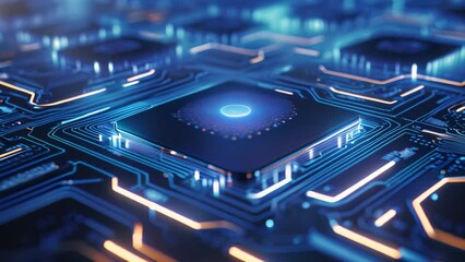 Poster - Circuit board with microchip on it, 3d rendering toned image, Abstract technology and circuit board wallpaper with digital glowing waves and patterns, AI Generated