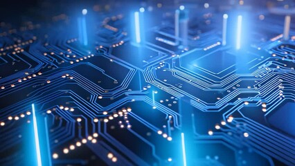 Poster - Circuit board close-up. Technology background. 3d rendering, Abstract technology and circuit board wallpaper with digital glowing waves and patterns, AI Generated