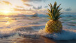 A deliciously ripe pineapple rests on the crest of the ocean waves, basking in the warm rays of the sun at sunset