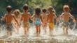 Joyful youngsters frolic in the cool, refreshing water as they splash and play in their swimsuits, their laughter echoing through the serene outdoor setting