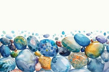 watercolor illustration of colorful sea pebbles and stones, hand-painted underwater marine life bord