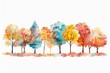 Watercolor autumn trees horizontal banner isolated on white background, seasonal nature illustration for decorative design