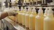  Factory Worker Inspecting Shampoo Bottles on Production Line
