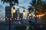 Fototapeta  - An urban rooftop with city lights, a string of bulbs hanging overhead against the backdrop of the downtown Los Angeles skyline at dusk Generative AI
